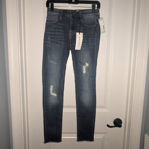 NEW Vigoss Jagger Mid Rise Destructed Frayed Cutoff Cut Off Hem Skinny Jeans 2 - Picture 3 of 4